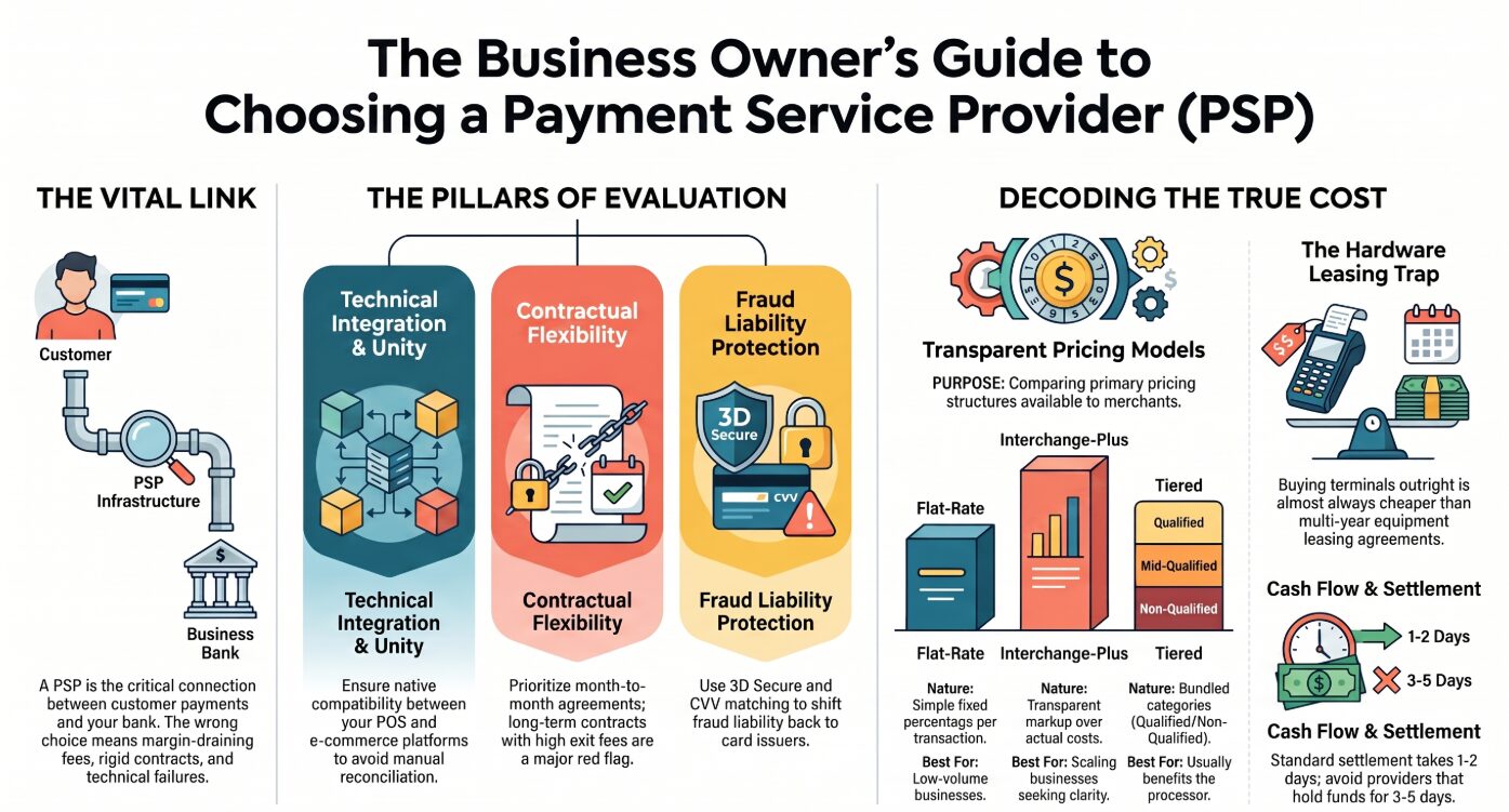 An infographic that breaks down the business owner's guide to choosing the right payment processor for their business according to their requirements, what to pay attention to as well as the hidden fees and red flags to avoid.